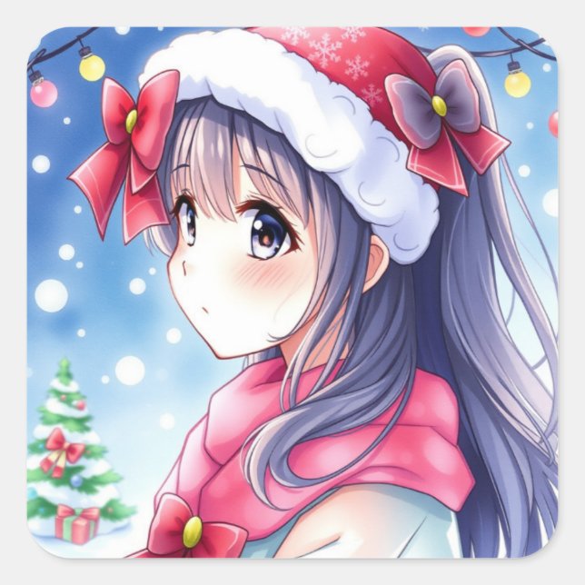 Pegatina Cuadrada Navidades festivos de los Chicas de Anime (Anverso)