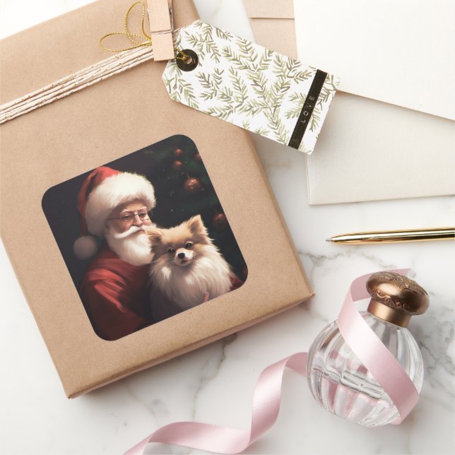 Pegatina Cuadrada Navidades festivos de Pomerania con Santa Claus (Regalar)