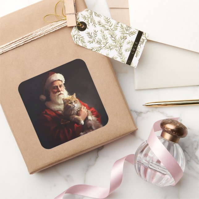 Pegatina Cuadrada Navidades festivos del gato de Angora Santa Claus (Regalar)