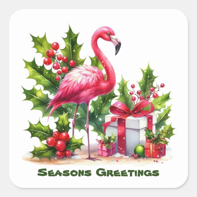 Pegatina Cuadrada Navidades festivos flamingo rosa agregar texto (Anverso)