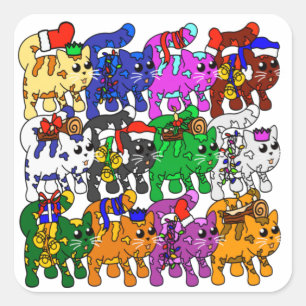 Pegatina Cuadrada Navidades festivos Jolly Meowy gatos