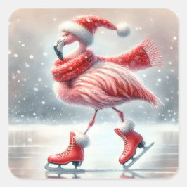 Pegatina Cuadrada Navidades festivos Patinaje sobre hielo Flamingo