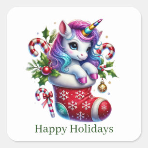 Pegatina Cuadrada Navidades festivos personalizable unicornio de men