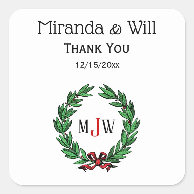 Pegatina Cuadrada Navidades festivos Xmas Holly Wreath Monograma (Anverso)
