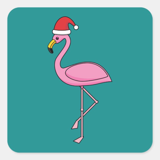 Pegatina Cuadrada Navidades Flamingo con Santa Hat (Anverso)