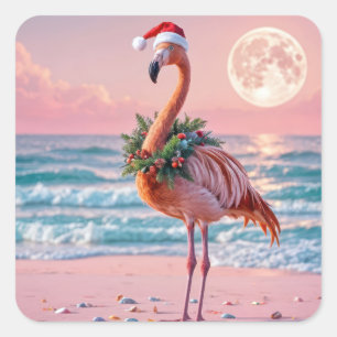 Pegatina Cuadrada Navidades Flamingo en una playa rosa