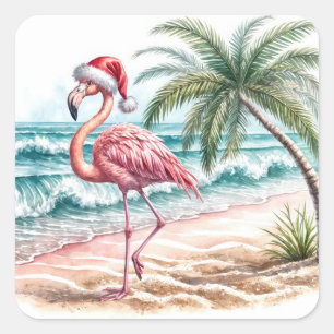Pegatina Cuadrada Navidades Flamingo On a Beach