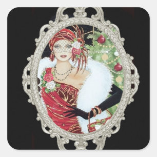 Pegatina Cuadrada Navidades Flapper Chica Vestido Rojo y Oro