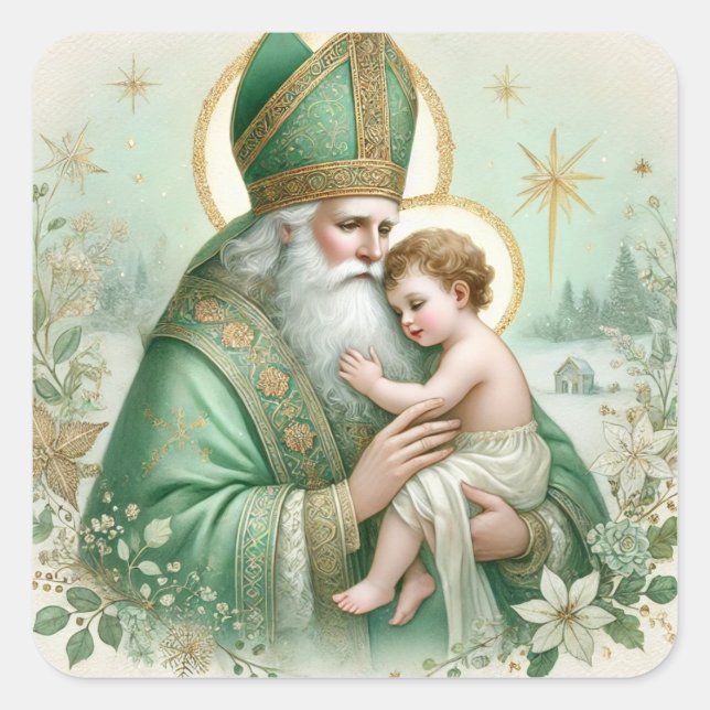 Pegatina Cuadrada Navidades florales de Jesús, San Patricio (Anverso)