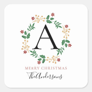 Pegatina Cuadrada Navidades florales Wreath Monogramed Family Name