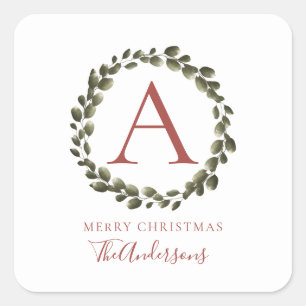 Pegatina Cuadrada Navidades florales Wreath Monogramed Family Name