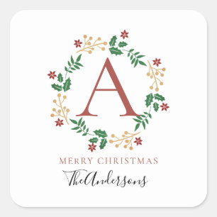 Pegatina Cuadrada Navidades florales Wreath Monogramed Family Name