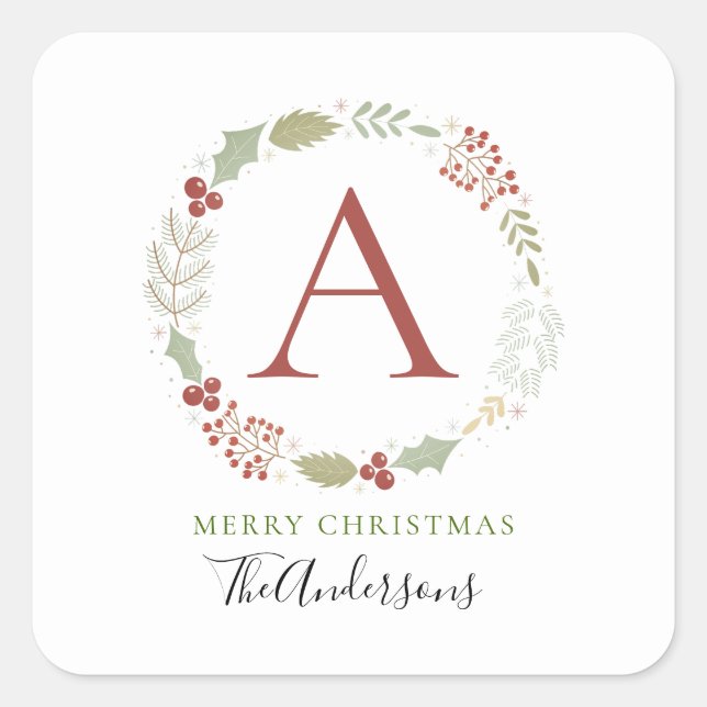 Pegatina Cuadrada Navidades florales Wreath Monogramed Family Name (Anverso)