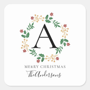 Pegatina Cuadrada Navidades florales Wreath Monogramed Family Name