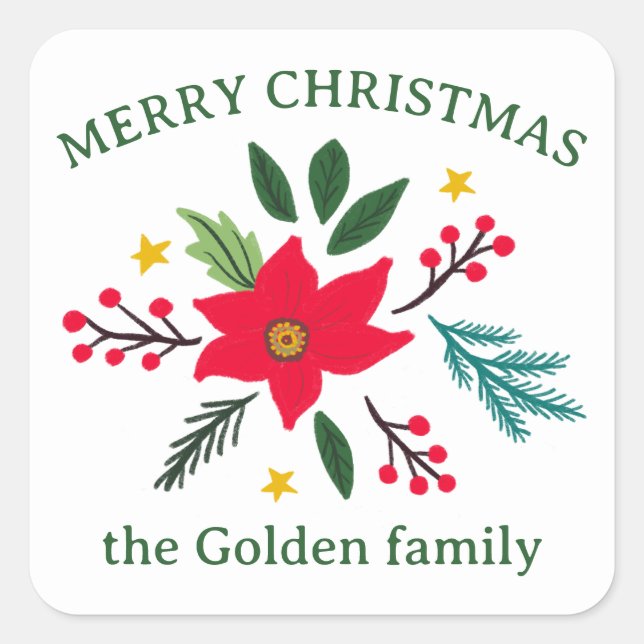 Pegatina Cuadrada Navidades Flores Botánicas Foliage PERSONALIZADO d (Anverso)