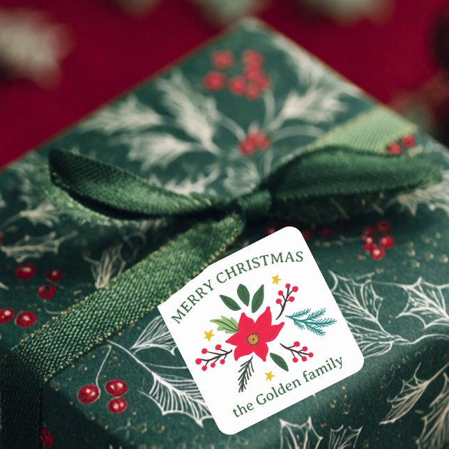Pegatina Cuadrada Navidades Flores Botánicas Foliage PERSONALIZADO d (Christmas Flower Botanicals Foliage Holiday CUSTOM Square Sticker
)