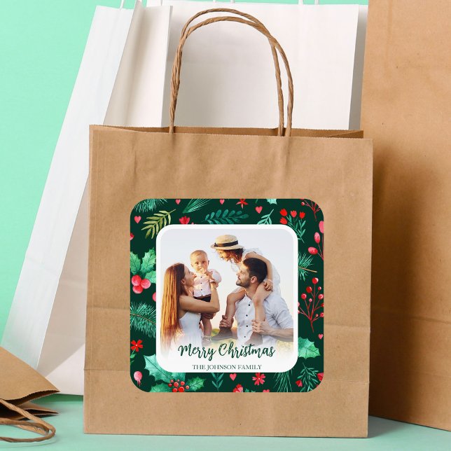 Pegatina Cuadrada Navidades fotográficos familiares Watercolor Botan (Watercolor Botanicals with Family Photo Christmas Square Sticker)