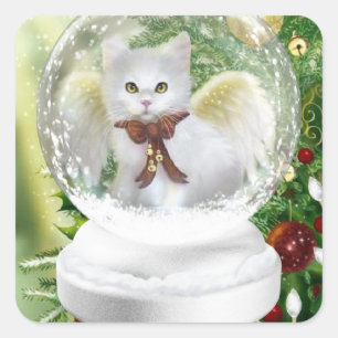 Pegatina Cuadrada Navidades Gatito En Globe De Nieve