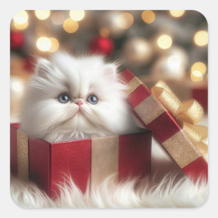 Pegatina Cuadrada Navidades Gatito persa en una caja de regalo