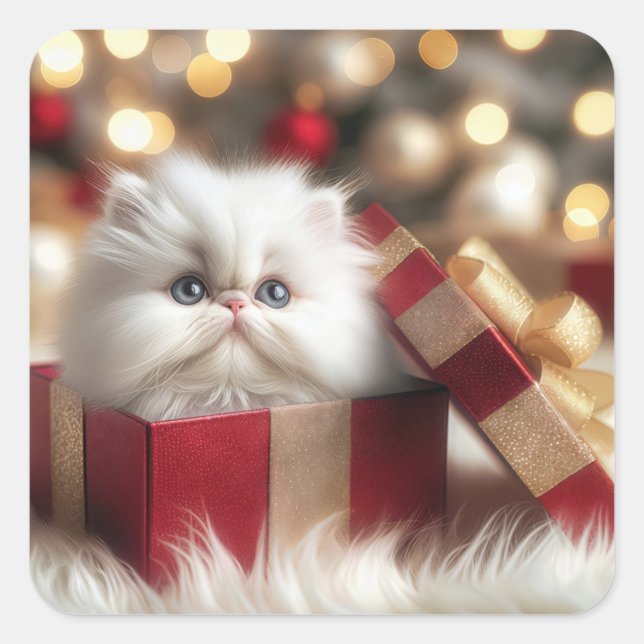 Pegatina Cuadrada Navidades Gatito persa en una caja de regalo (Anverso)