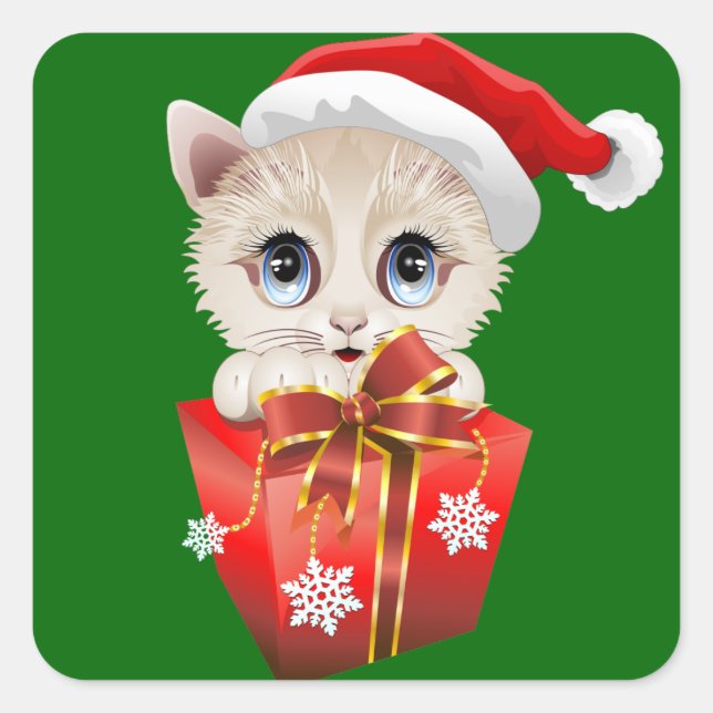 Pegatina Cuadrada Navidades gatitos Santa con regalo (Anverso)