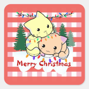 Pegatina Cuadrada Navidades gatos en la nieve, nombre personalizado