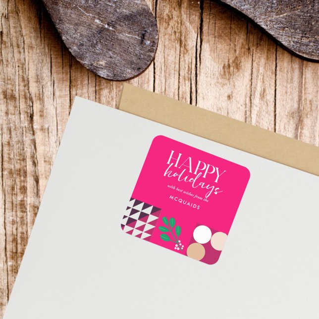 Pegatina Cuadrada Navidades geométricos modernos y rosados de Borgoñ (Modern Geometric Pink Christmas Square Sticker)
