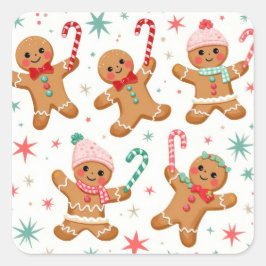 Pegatina Cuadrada Navidades Gingerbread Hombres Sostienen Candy Cane