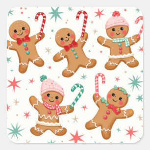 Pegatina Cuadrada Navidades Gingerbread Hombres Sostienen Candy Cane