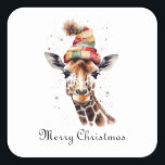 Pegatina Cuadrada Navidades Giraffe, personalizable<br><div class="desc">pintura acuarela de una jirafa con un gorra de invierno de punto al estilo navidad</div>