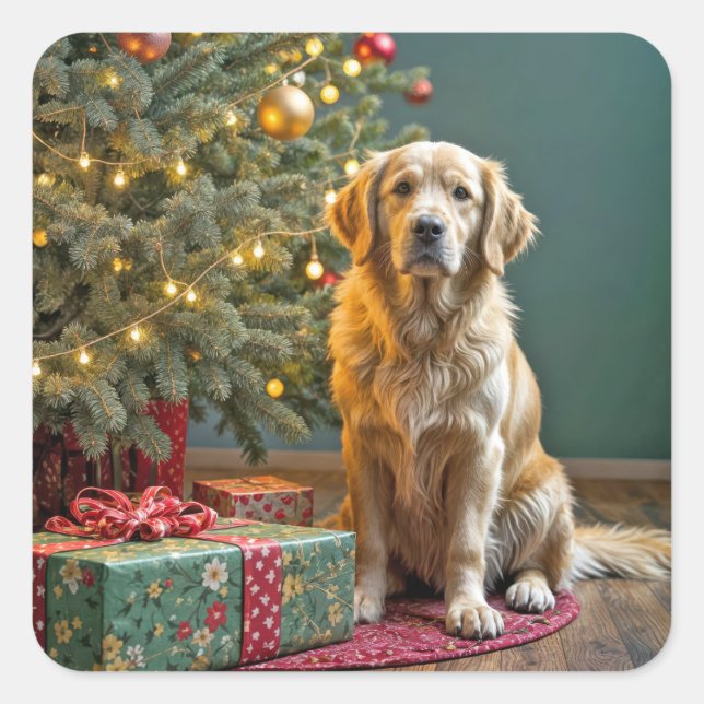 Pegatina Cuadrada Navidades Golden Retriever con regalos (Anverso)