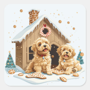 Pegatina Cuadrada Navidades Golden Retriever Dogs Gingerbread House