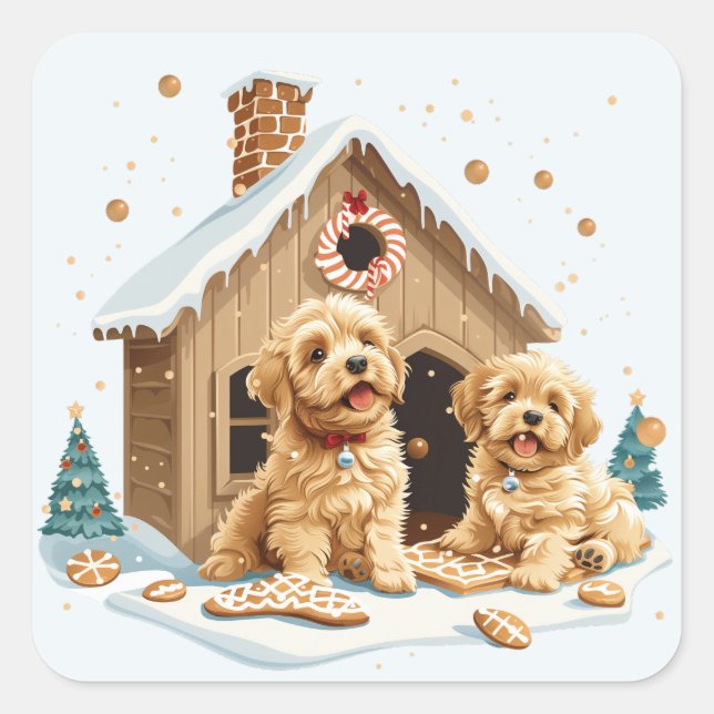 Pegatina Cuadrada Navidades Golden Retriever Dogs Gingerbread House (Anverso)