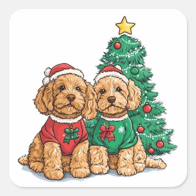 Pegatina Cuadrada Navidades Goldendoodle Dogs (Anverso)