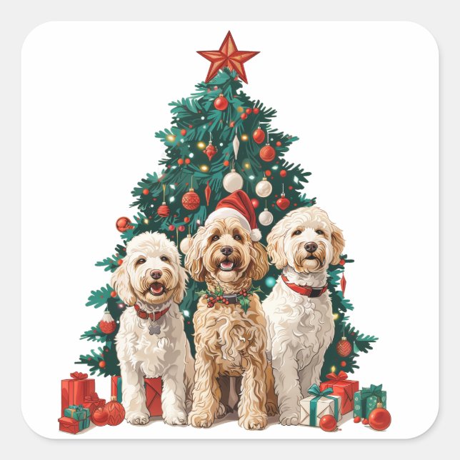 Pegatina Cuadrada Navidades Goldendoodle Dogs (Anverso)