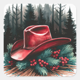 Pegatina Cuadrada Navidades Gorra de Vaquero Rojo con Berries Rojas