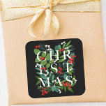Pegatina Cuadrada NAVIDADES Greenery Berries Holiday Black<br><div class="desc">La palabra NAVIDADES se sienta entre hojas y bayas sobre un fondo negro (o cualquier color) en estos pegatinas cuadrados,  elegante para sellos para sobres,  favores de partido o cualquier ocasión para Navidades de vacaciones. COINCIDIENDO con los artículos de nuestra tienda.</div>