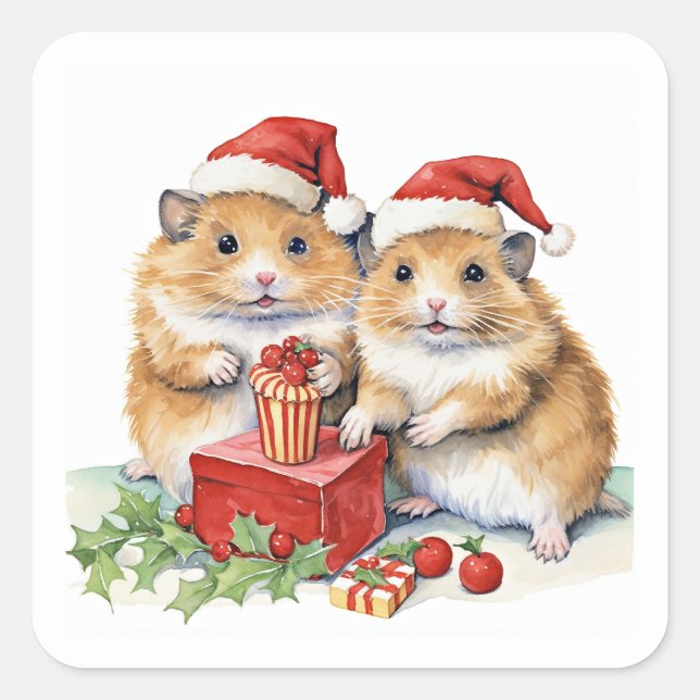 Pegatina Cuadrada Navidades Hampsters, oh tan lindos, (Anverso)