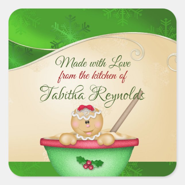 Pegatina Cuadrada Navidades, hecho con amor, Chica Gingerbread (Anverso)