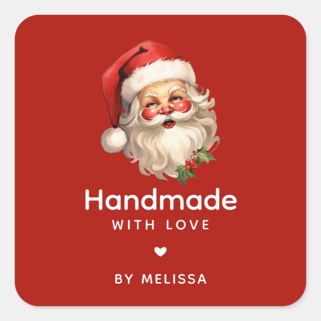 Pegatina Cuadrada Navidades hechos a mano con amor a Santa Claus Ret (Anverso)