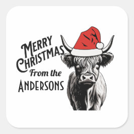 Pegatina Cuadrada Navidades Highland Cow con Santa Hat