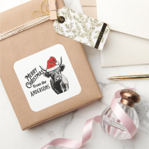 Pegatina Cuadrada Navidades Highland Cow con Santa Hat