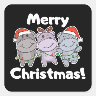 Pegatina Cuadrada Navidades Hippo Animales Cutan Hippos Merry Square