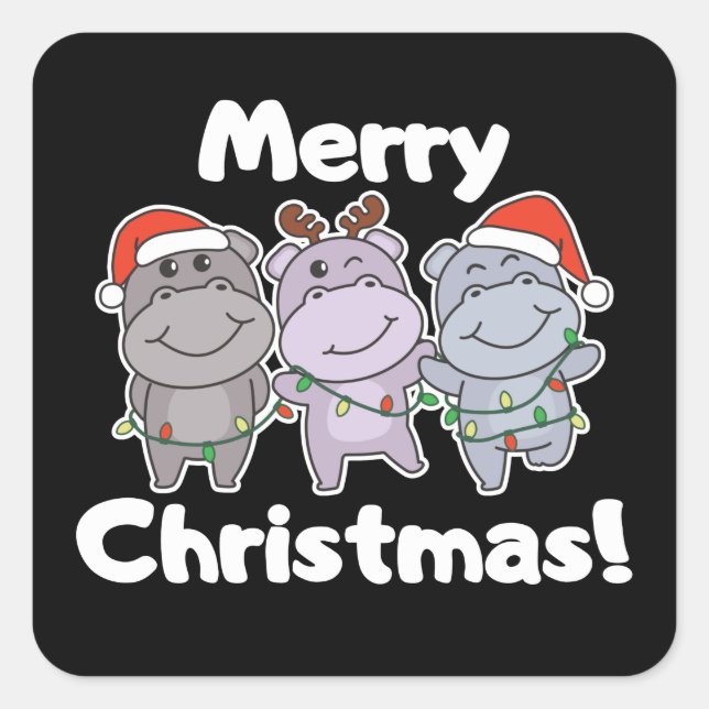 Pegatina Cuadrada Navidades Hippo Animales Cutan Hippos Merry Square (Anverso)