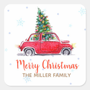 Pegatina Cuadrada Navidades Holiday Red Car