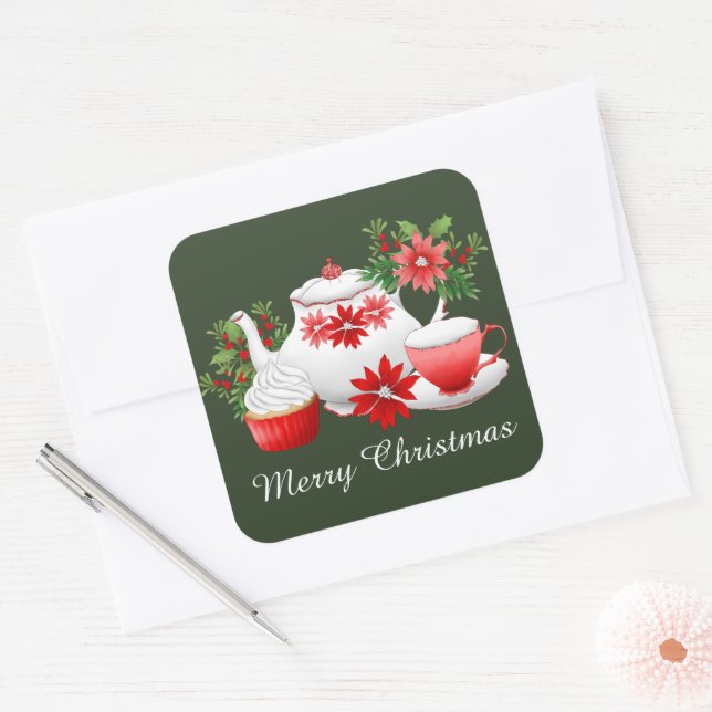 Pegatina Cuadrada Navidades Holiday tea añadir mensaje (Sobre)