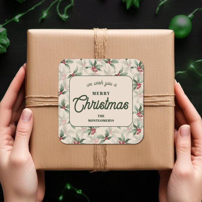 Pegatina Cuadrada Navidades Holly Berry en horneado de comida casero (We Wish you a Merry Christmas holly and berries homemade food holiday baking round stickers)