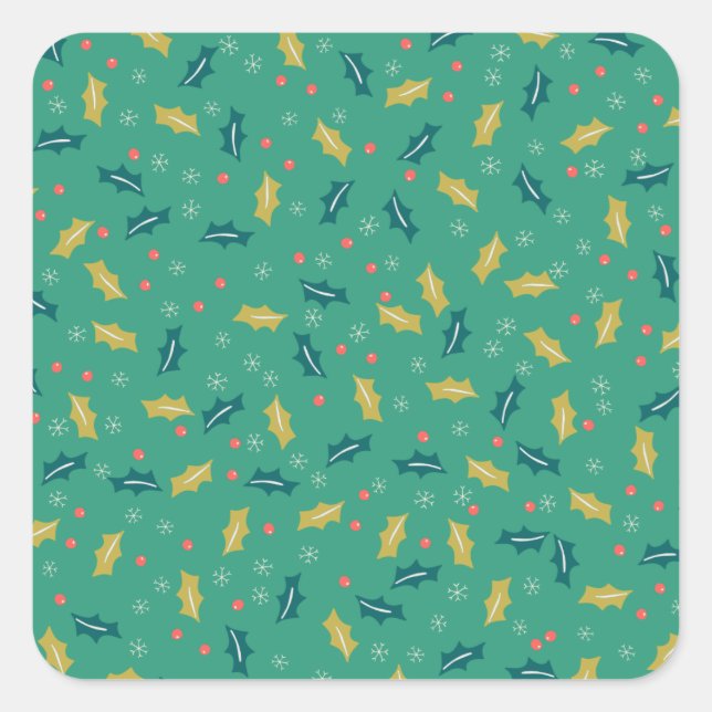 Pegatina Cuadrada Navidades Holly Leaves & Berries con Snowflakes (Anverso)