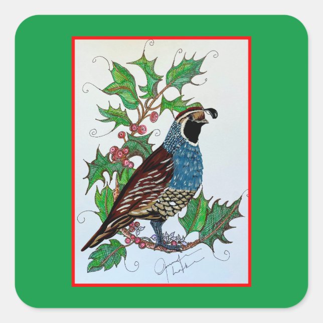 Pegatina Cuadrada Navidades Holly Quail (Anverso)