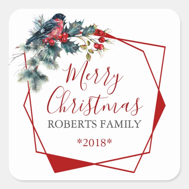 Pegatina Cuadrada Navidades Holly Wreath bullfinch rojo (Anverso)